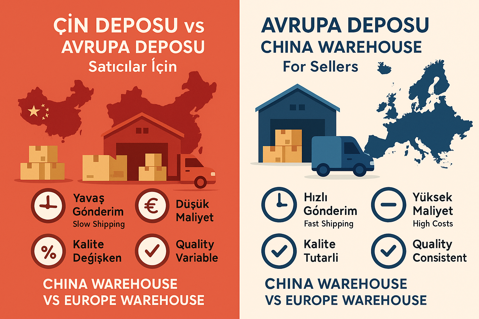 Çin deposu mu yoksa Avrupa deposu mu daha avantajlı? Bouncebuds, maliyet ve hız dengesini karşılaştırarak satıcılara en uygun lojistik stratejilerini sunuyor.